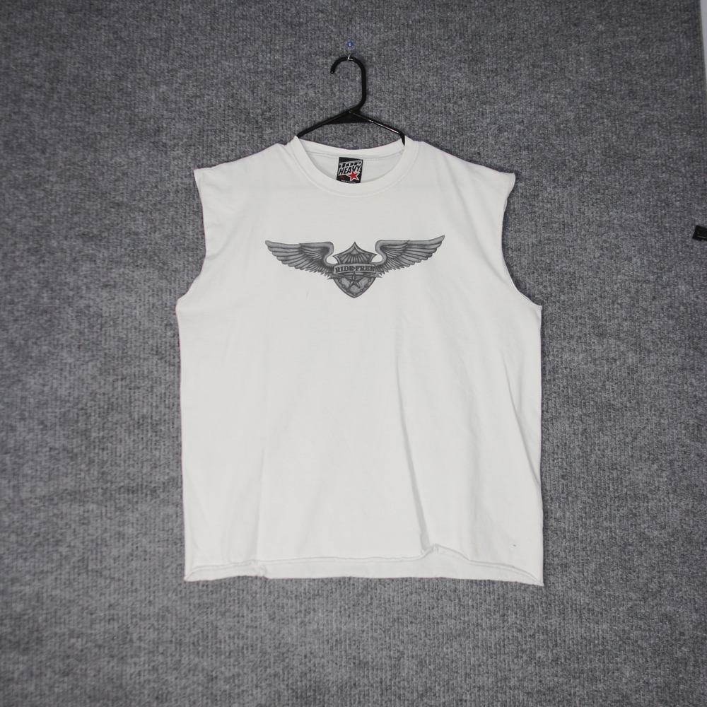 Vintage 2003 Top Heavy Muscle Shirt Mens XL White Ride Free Biker Graphic Tee